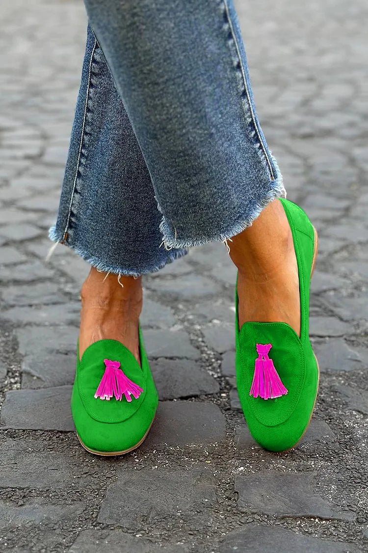 BELMONTE MILANO | GREEN LOAFER WITH FUCHSIA TASSELS