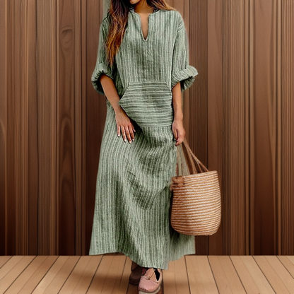 Hailey┃Casual long dress with vintage stripes and V-neck