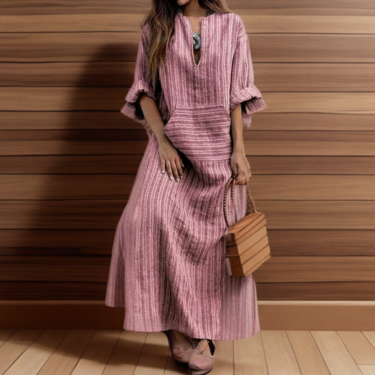 Hailey┃Casual long dress with vintage stripes and V-neck