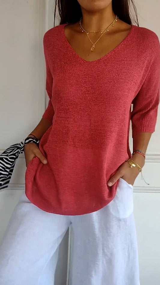 Rosal – Plain Knitted Sweater with V-Neck