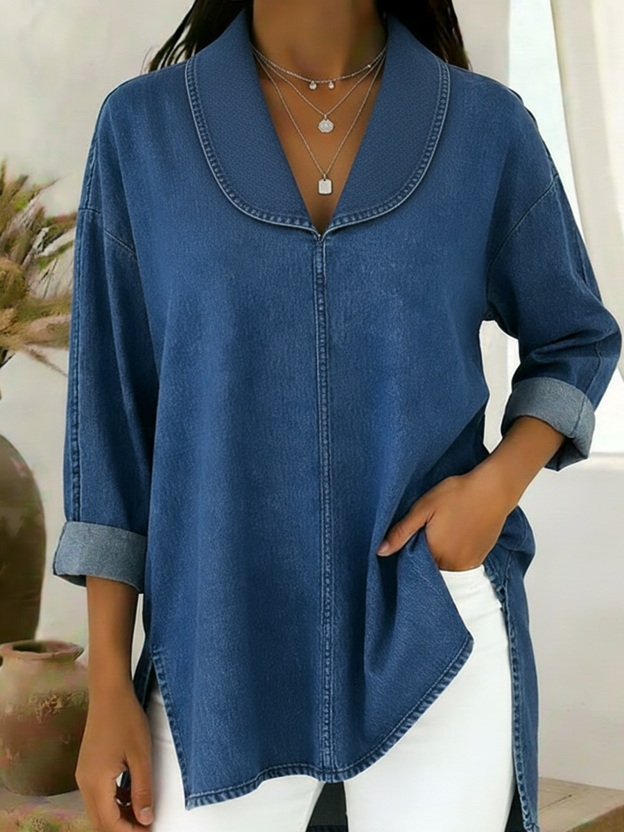 Retro Denim Top with Shawl Collar